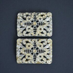 Pair Vintage Silver Rectangular Brooch Brooches CZ